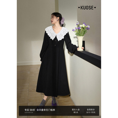 v领蕾丝黑色收腰连衣裙长裙女