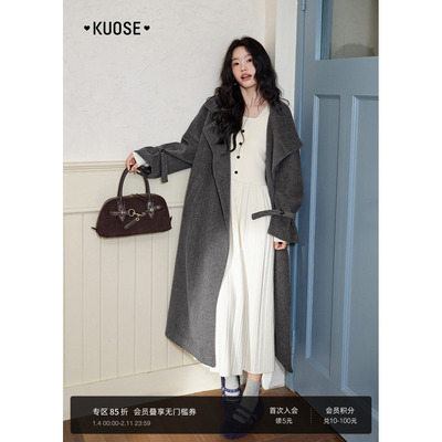 不对称翻领长款呢子大衣