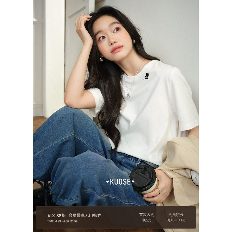 阔色白色玫瑰刺绣短袖t恤内搭打底衫26春季新款女宽松上衣纯棉秋