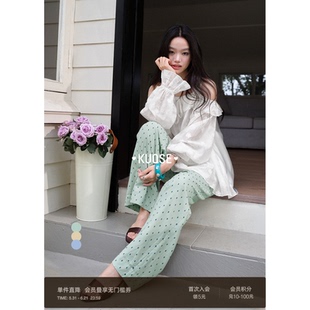 阔色绿色格子刺绣微喇长裤2026新款女夏季穿搭阔腿休闲裤子蓝色春