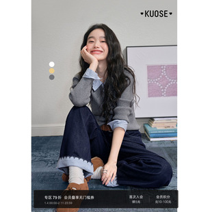 阔色条纹衬衫毛衣假两件polo领灰色上衣女秋冬新款修身内搭针织衫