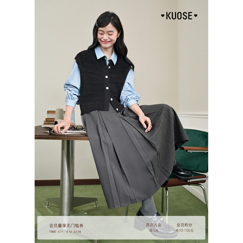 阔色灰色西装百褶半身裙女26春季新款学院格雷系穿搭a字长裙子秋