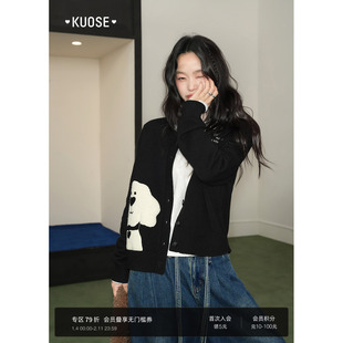 阔色刺绣小狗针织开衫外套上衣黑色女2026春季新款小个子毛衣秋冬