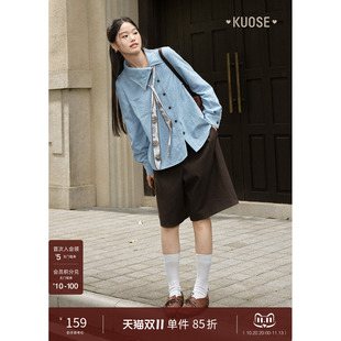 阔色翻领不对称长袖衬衫衬衣女26秋冬季新款蓝色休闲穿搭开衫上衣