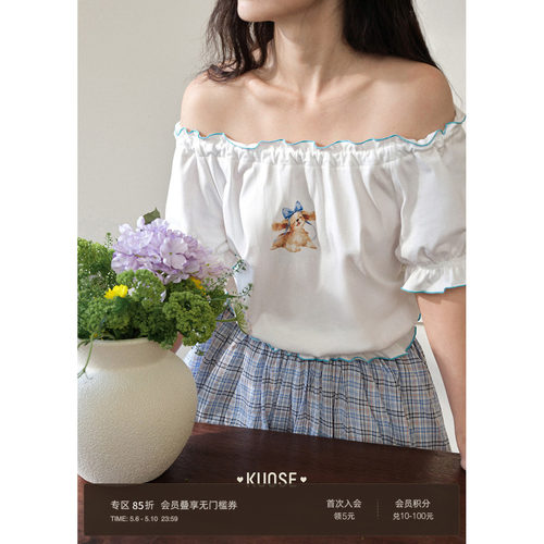 白色小猫印花短款t恤女木耳边