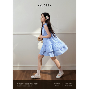 阔色蓝色荷叶边圆领格子背心短裙女2026夏季新款无袖连衣裙子春