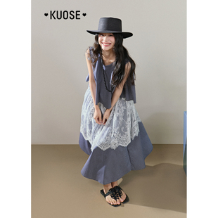 女法式 新款 长裙子 收腰连衣裙2025夏季 阔色蓝色条纹蕾丝背心裙无袖