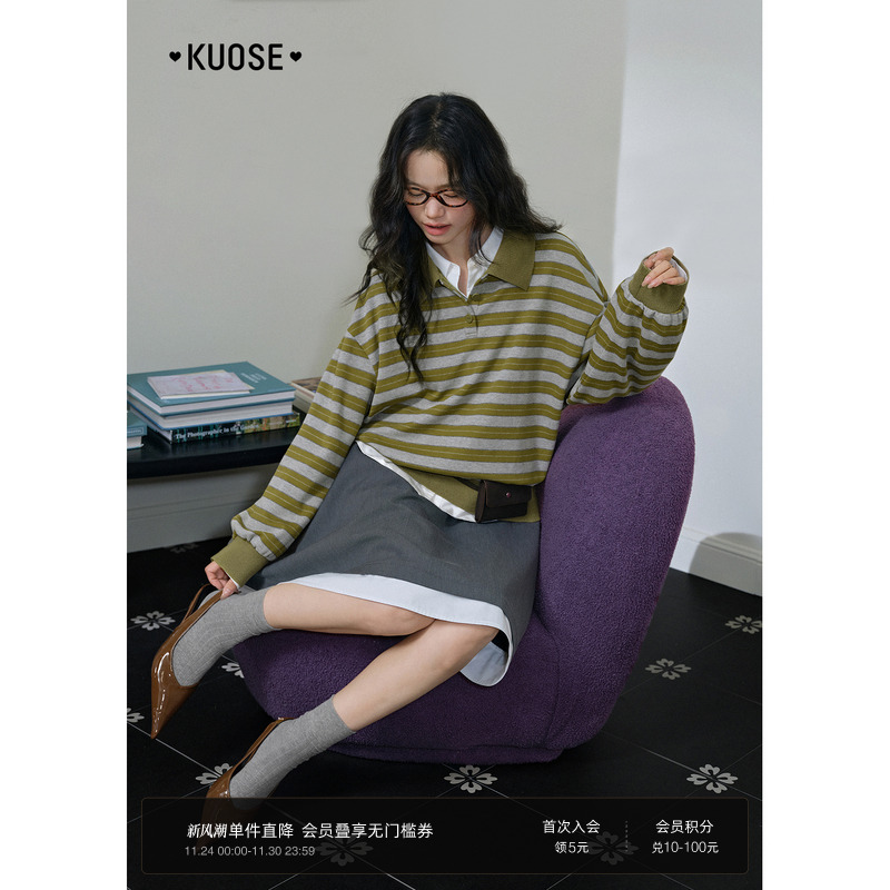 条纹撞色polo领无帽卫衣t恤女