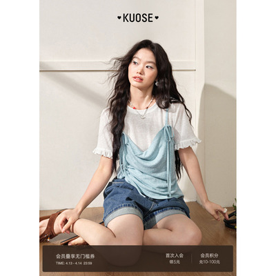 绿色假两件蝴蝶结吊带t恤