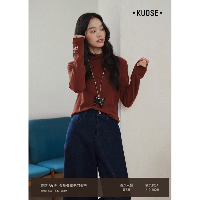 阔色红色半高领针织衫t恤女26春季新款刺绣内搭打底长袖上衣秋冬