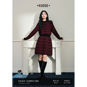 新年穿搭新款 阔色格子法式 连衣裙毛衣裙25秋冬季 女红色新年短裙子