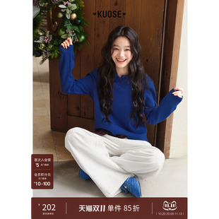 阔色蓝色polo领针织衫内搭毛衣打底衫短款2026秋冬季新女翻领上衣