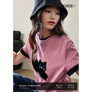 女设计感休闲宽松正肩上衣秋 新款 阔色粉色小猫T恤圆领半袖 26春季