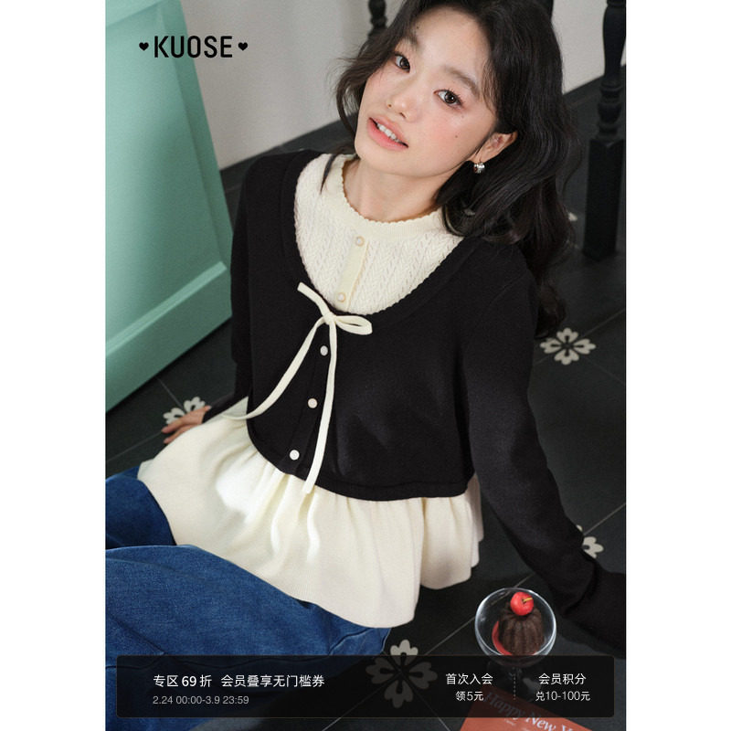 阔色黑色荷叶边假两件叠穿毛衣女26春季新款气质蝴蝶结针织衫秋冬