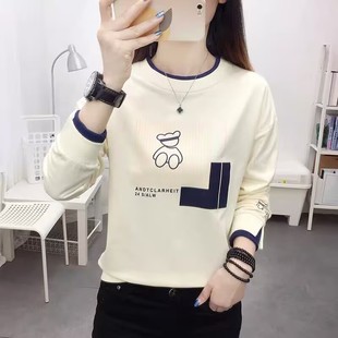 百搭圆领卫衣女士宽松显瘦上衣打底衫 长袖 韩版 新款 T恤女2025秋季