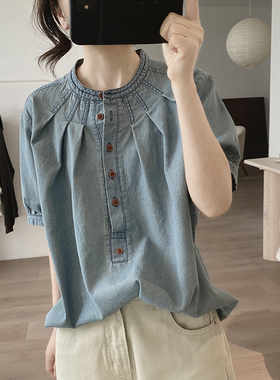 爆款女士水洗牛仔衬衫柔软舒适圆领短袖上衣夏季新款宽松显瘦上衣