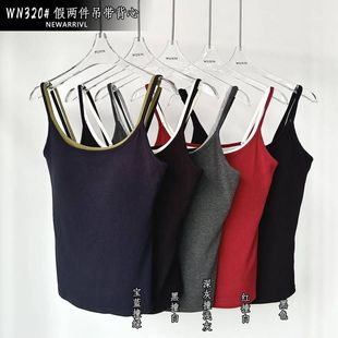 假两件辣妹修身 吾馨 性感双肩带露背吊带背心女带胸垫外穿女上衣