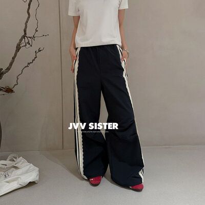 春夏花边条纹侧面直筒显瘦休闲裤