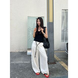 T-PLATFORM 十三行 天丝亚麻工装阔腿裤女夏季高腰女显瘦休闲裤