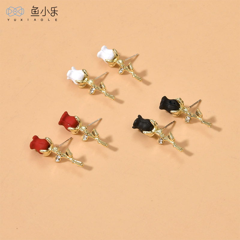 复古红白玫瑰花小花朵花苞合金银针耳钉diy耳环饰品材料配件