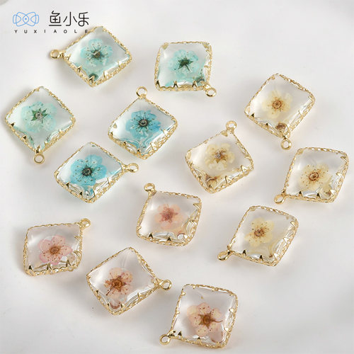 铜镀14k金透明干花方形吊坠diy