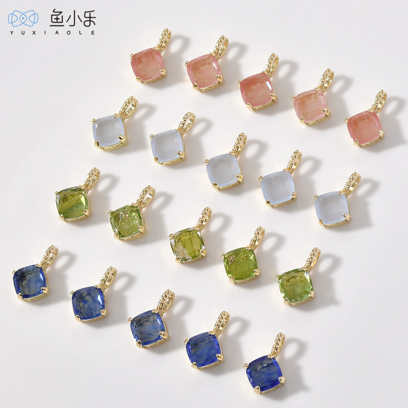 保色铜镀14k包方形闪耀锆石吊坠diy手链项链耳饰品挂坠配件材料