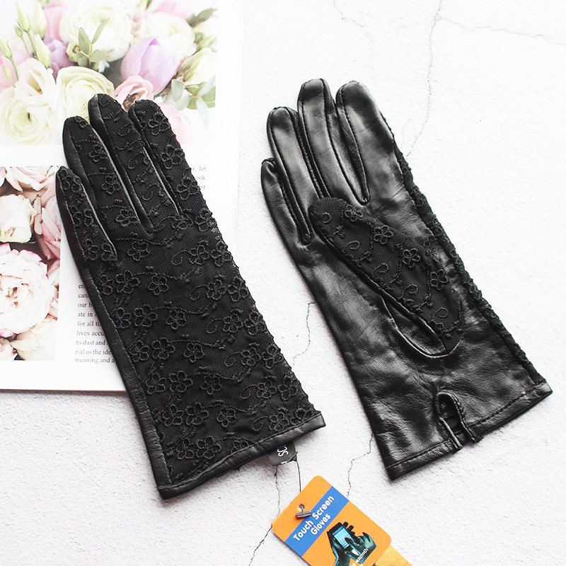 夏季防晒开车薄款真皮触摸屏羊皮手套女时尚简约气质黑蕾丝无衬里
