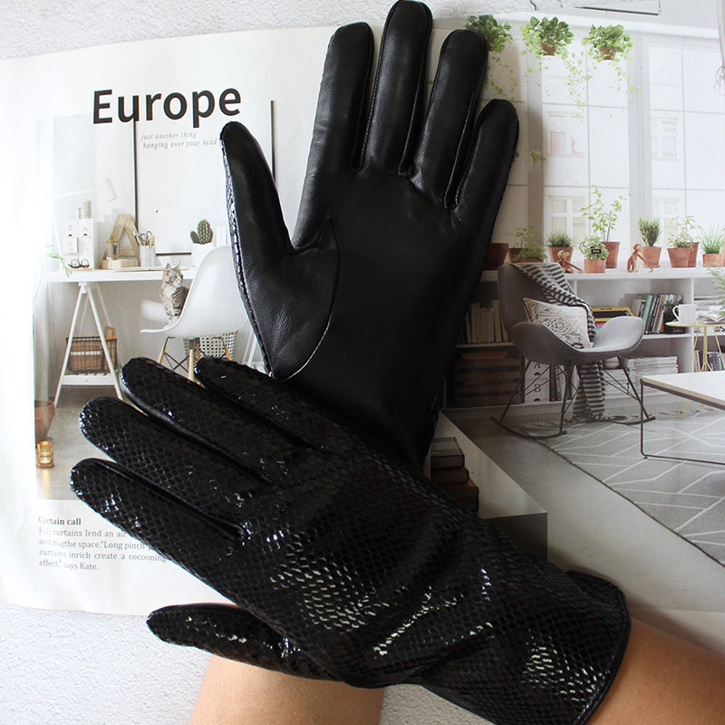HIGH-GLOSS SHEEPSKIN GLOVES FEMALE GENUINE LEATHER SNAKE PRINT FASHIONABLE NEW WINTER VELVET WARM DRIVER DRIVING MOTORCYCLE RIDING