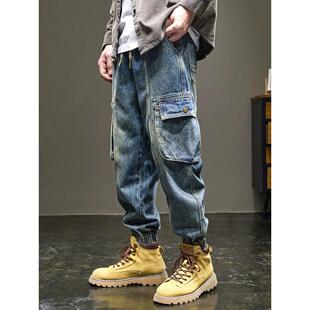 美式复古水洗工装牛仔男士秋冬季宽松潮流束脚裤多口袋哈伦长裤子