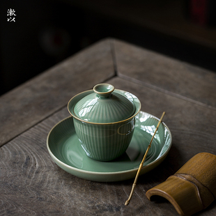 茶盘家用小号陶瓷茶具茶碗 越窑复古青瓷盖碗竖纹条纹流水三才套装