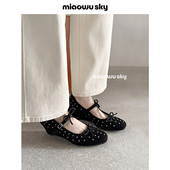 女蝴蝶结铆钉玛丽珍鞋 天空羊皮5.5cm坡跟单鞋 1.22上新 喵唔