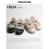 喵唔 小皮鞋 天空3cm增高复古毛毛玛丽珍鞋 女蝴蝶结扣带加绒单鞋
