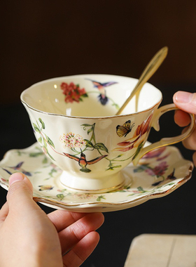 欧式复古青花瓷咖啡杯碟套装家用下午茶杯马克杯精致花鸟陶瓷杯