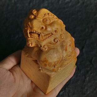 一物一拍名家夏荣建雕刻狮子事事如意老竹根满钉方形印章把件摆件