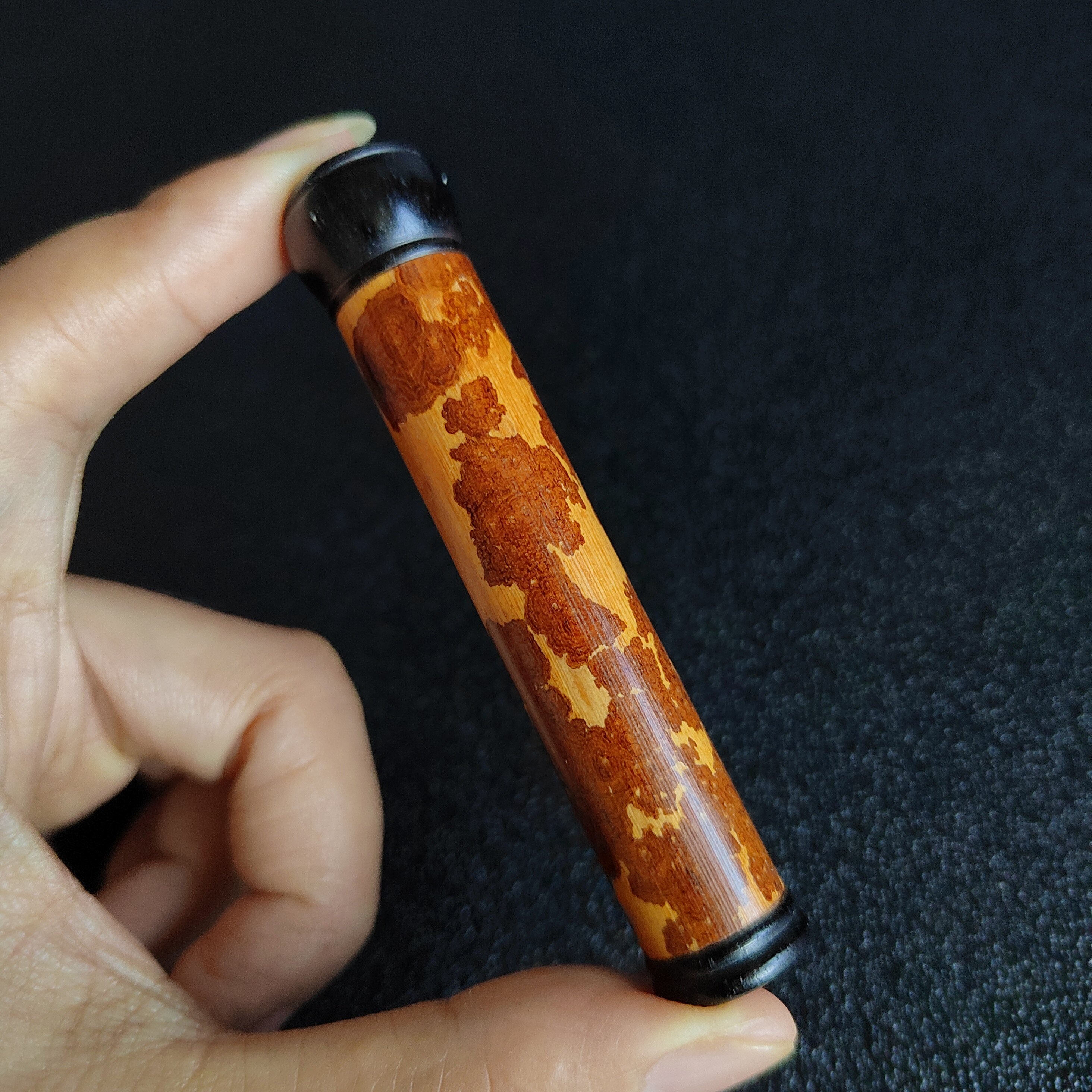 一物一拍红湘妃竹牙签筒手工镶嵌制作木乌口盖把件夏荣建制竹师傅