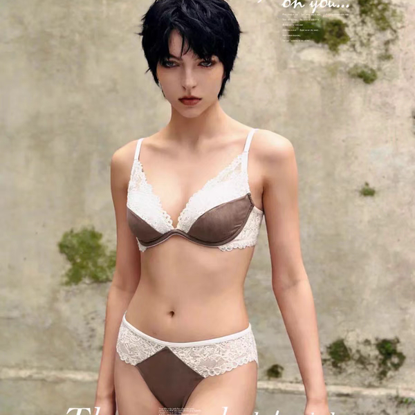 6937法式蕾丝拼接内衣套装舒适无钢圈性感小胸中厚聚拢收副乳文胸