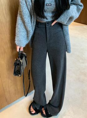 PLER女灰色羊毛里绒直筒裤2025秋冬新款糯米窄阔腿裤厚西装裤子