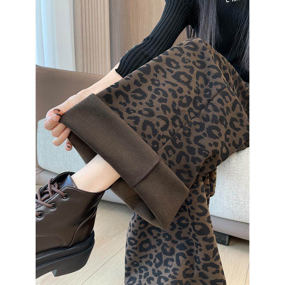 棕色毛呢裤子女款阔腿裤女2025秋冬新款豹纹加厚加绒显瘦拖地裤子