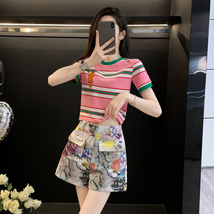 子辣妹阔腿三分裤 多巴胺粉色扎染牛仔短裤 重工热裤 女2025夏季 新款