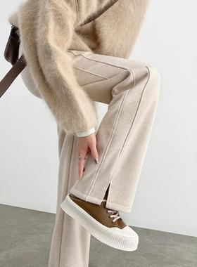 PLER人字纹加绒阔腿裤女2025秋冬新款毛呢开叉直筒羊毛窄版裤子