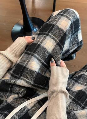 PLER加绒格子裤女2025秋冬新款复古毛呢阔腿休闲加厚直筒羊毛裤子