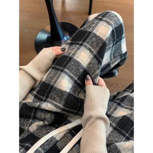 子 复古毛呢阔腿休闲加厚直筒羊毛裤 PLER加绒格子裤 女2025秋冬新款
