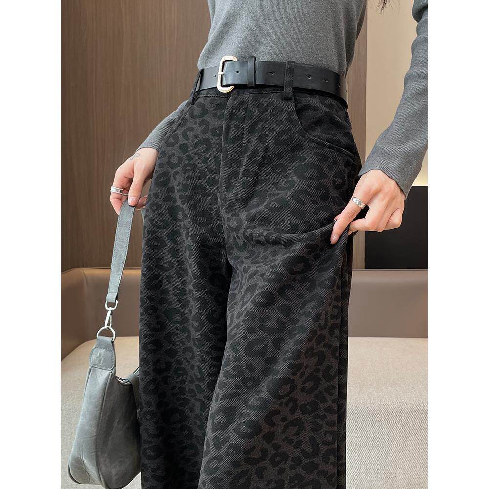 休闲加绒毛呢阔腿裤子女2025新款秋冬款时尚百搭显瘦豹纹女款裤子