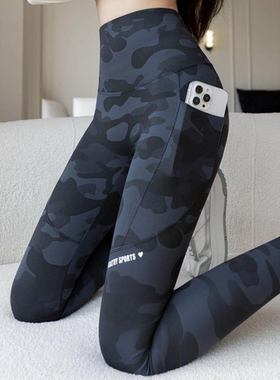 PLER迷彩双口袋鲨鱼裤女秋冬加绒高腰收腹提臀大码瑜伽跑步打底裤