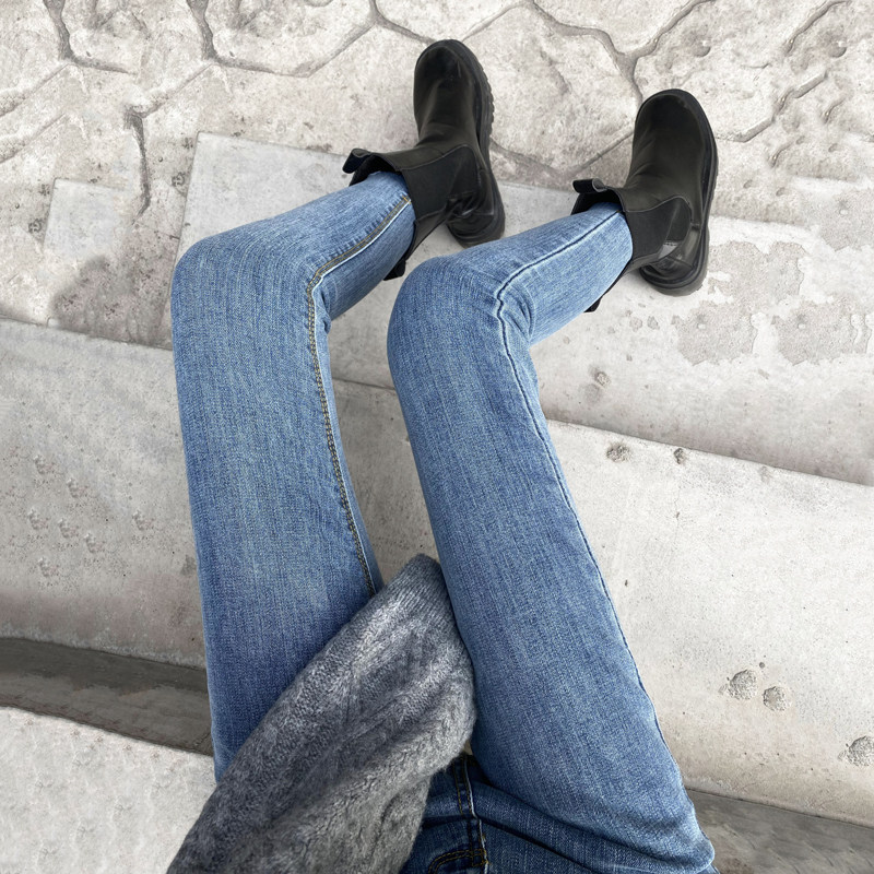 高腰加绒牛仔裤女秋冬新款修身显瘦九分紧身弹性小脚裤