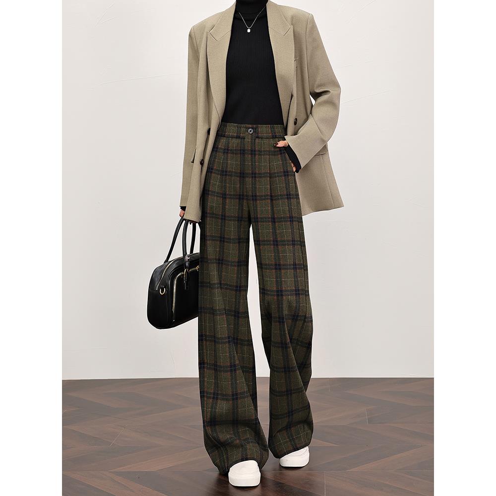 复古绿英伦格子羊毛呢裤女2025秋冬季新款直筒宽松加绒加厚阔腿裤