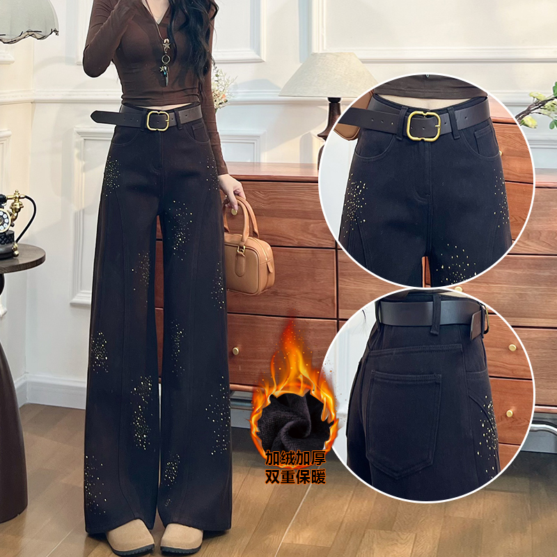 PLER加绒烫钻阔腿牛仔裤