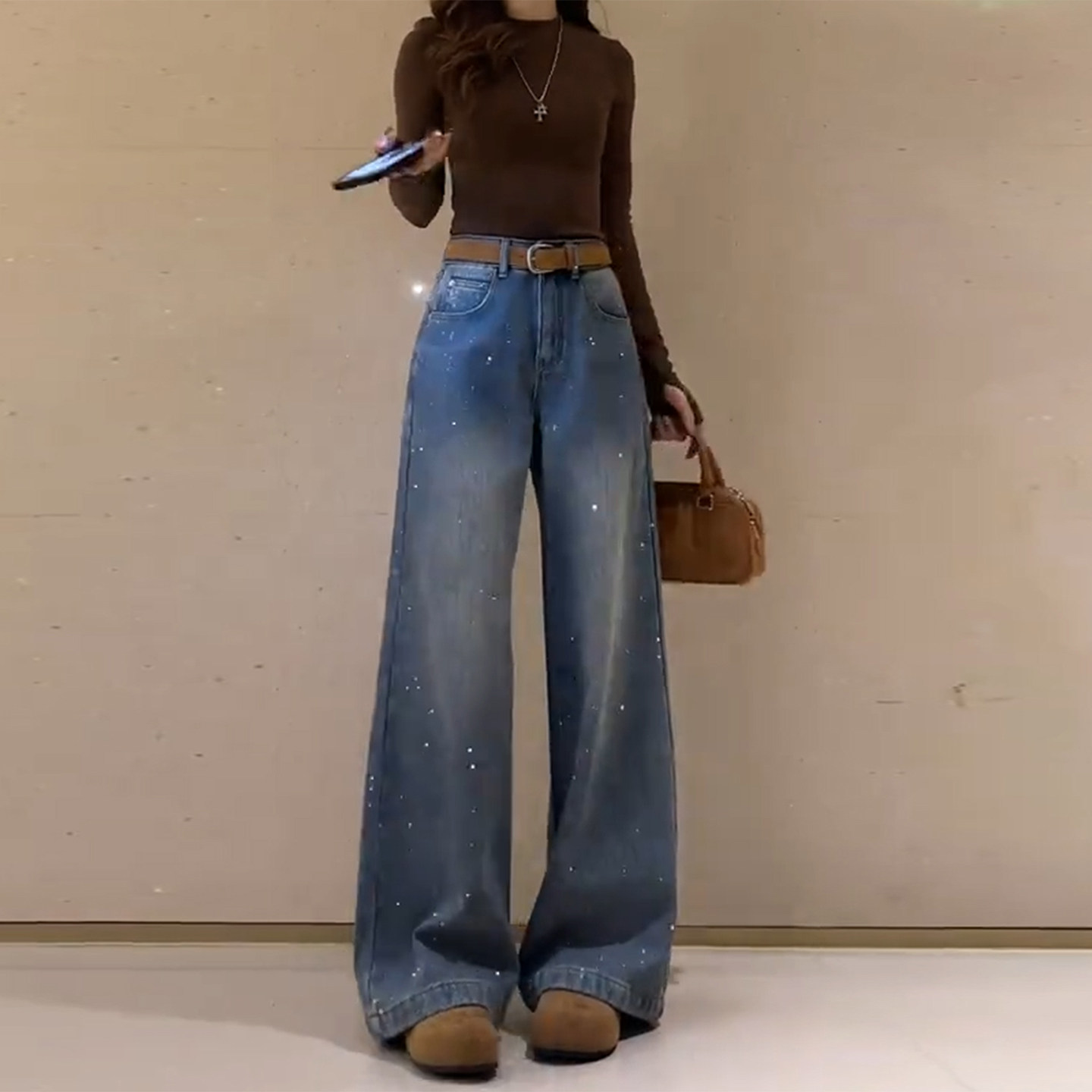 PLER加绒重工烫钻阔腿牛仔裤女2025秋冬新款高腰垂感直筒拖地裤子,女装/女士精品,大码裤装,淘宝优惠券,粉丝福利购,淘宝优惠卷