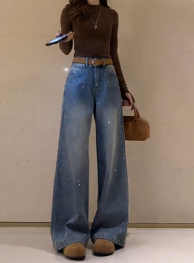 PLER加绒重工烫钻阔腿牛仔裤女2025秋冬新款高腰垂感直筒拖地裤子