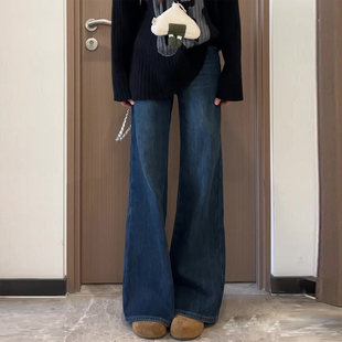 不贴腿高腰阔腿牛仔裤 PLER深蓝色加绒直筒裤 女小个子2025秋冬新款